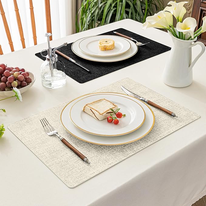 Romanstile Reversible Vinyl Placemats Set of 4, Faux Leather 100% Waterproof Oil-Proof Wipeable Place Mats, Heat Resistant Dual Sided Table Mats for Kitchen/Dining/Party (Black Beige, 12 x 17 Inch)