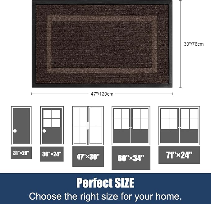 Large Front Door Mat Outside Entrance Indoor Doormat, 47" x 30" Outdoor Mats For Patio Waterproof, Outdoor Door Mats For Outside Entry, Indoor Rugs for Entryway, Sturdy Natural Rubber Entry Mat, Brown