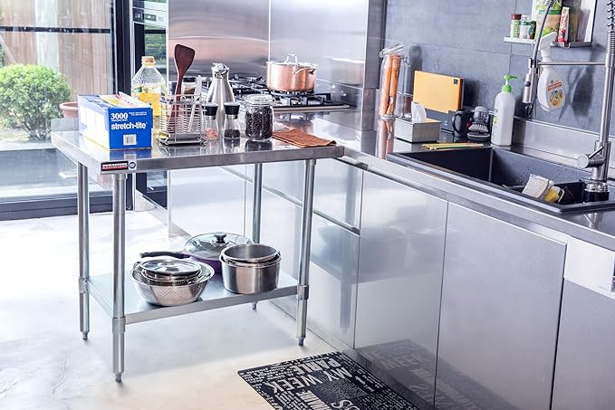 DuraSteel NSF Commercial Kitchen Table - 24 x 48 Inch Cooking Prep Stainless Steel Kitchen Island Workstation w/ Adjustable Under Shelf - Heavy Metal Backsplash Workbench For Restaurant, Home, Garage