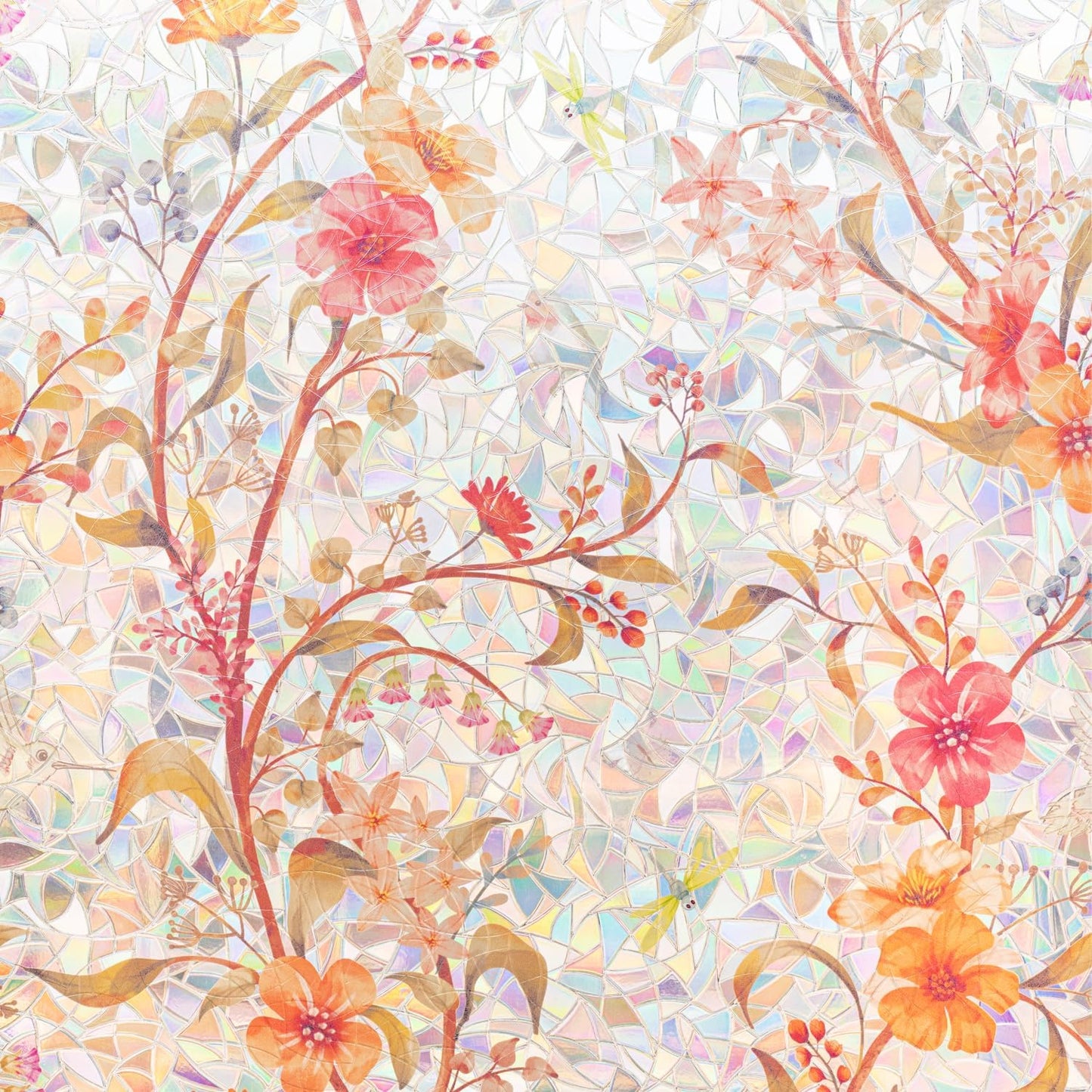 Stained Glass Window Film Static Cling Door Privacy Film Decorative Flowers Red Leaves Window Decals Stickers Heat Control Anti UV for Home and Office,45.2x157 in.