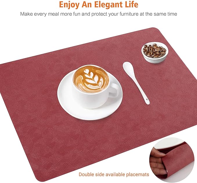 Vinyl Placemats Set of 4 Heat Resistant Easy Clean Non-Slip Place Mats for Dining Table. Faux Leather Waterproof Stain Resistant Wipeable Washable PU Table Mats(4, Red)