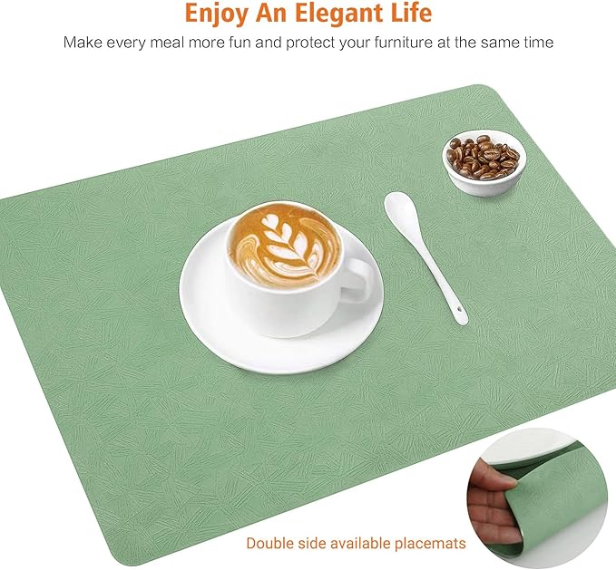 Vinyl Placemats Set of 6 Heat Resistant Easy Clean Non-Slip Place Mats for Dining Table. Faux Leather Waterproof Stain Resistant Wipeable Washable PU Table Mats(6, Green)