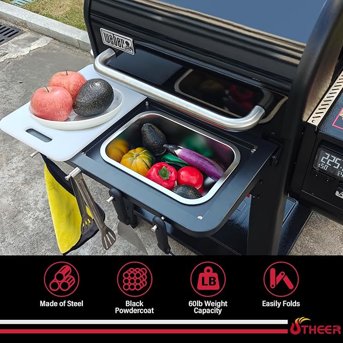 Utheer Front Folding Grill Table for Weber Searwood 600 – 23" x 14" Large Front Shelf with Stainless Steel Basin, Works Cutting Board, Lid & 5 Hooks, Heavy-Duty Weber Searwood 600 Accessories