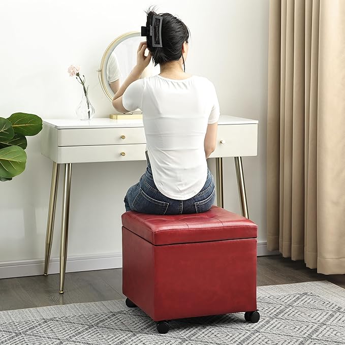Homebeez Storage Ottoman Footrest Stool with Rolling Wheels, Red PU Leather Tufted Cube with Hinged Lid, 17.7" Multifunctional Furniture for Living Room, 300lb Capacity