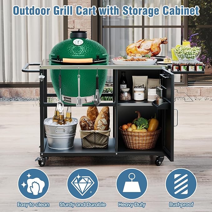 Big Green Egg Outdoor Grill Table, Portable Heavy Duty Grill Cart with Wheels, Plenty of Storage, Fits Large, Medium, and Small Big Green Egg and Kamado Joe Classic Grills