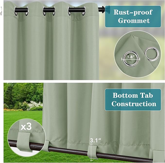 HolidayIdeas Gazebo Curtains Outdoor Waterproof 4 Panels-Windproof Weatherproof Privacy Curtains-Grommet Top and Tab Bottom Drape for Patio, Porch, Pergola, Cabana, Backyard 54x95 Inch Sage Green