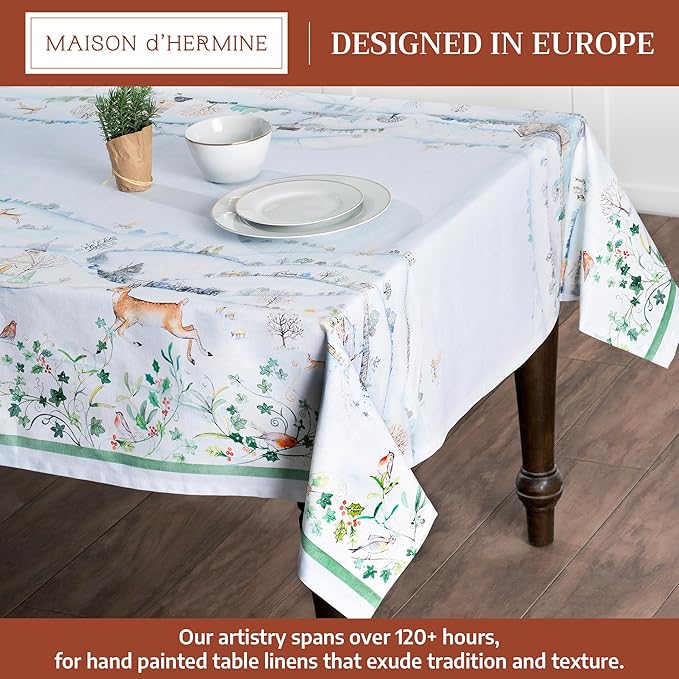 Maison d' Hermine Table Cloth Rectangle Table 100% Cotton 60 x 108 Inches Fall Tablecloth Reusable Everyday Use for Thanksgiving Christmas Decorations Dining Farmhouse Party (Snowy World)