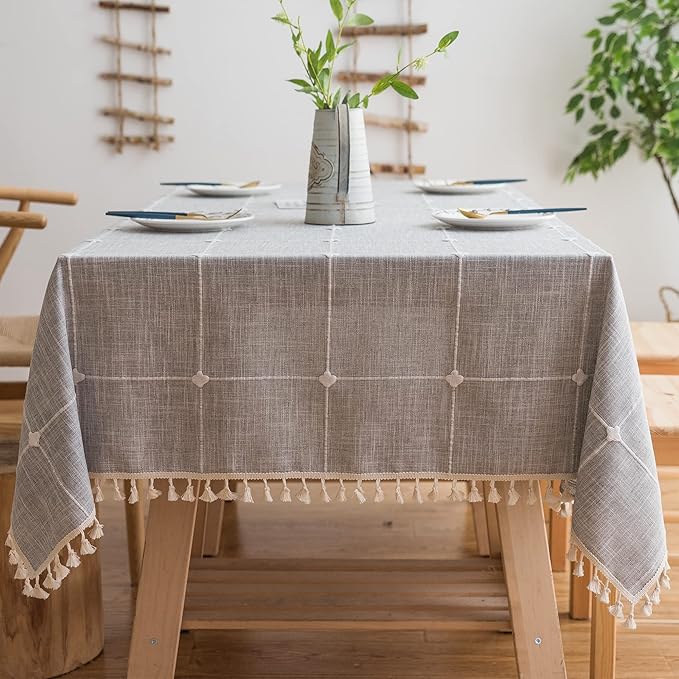 Pahajim Rustic Linen Tablecloth Cotton Rectangle Table Cloth for Kitchen Dining with Tassel Plaid Waterproof Tablecloths Rectangle/Oblong,55''x102'',8-10 Seats
