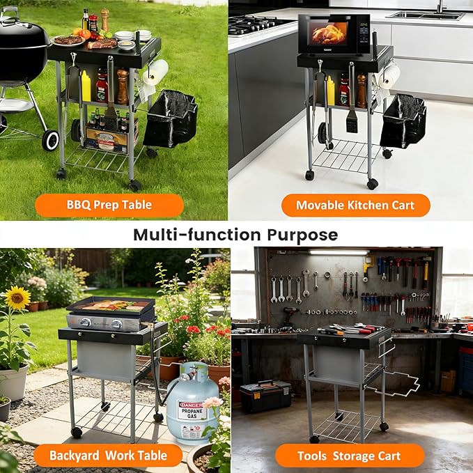 Grill Cart Table Accessories Outdoor Grilling Side Tables for 18"/22" Weber Charcoal Kettle Grills Rolling Prep Stand with Wheels Mesh Storage Racks Perfect for BBQ Camping Home Party