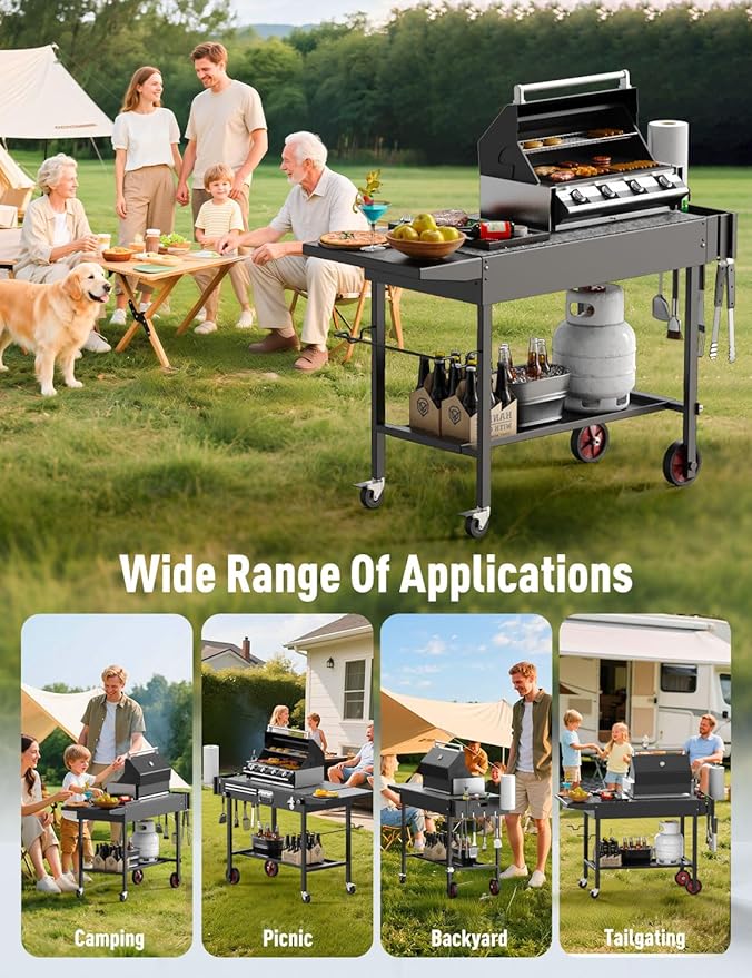 Portable Grill Cart Table with Wheels, for 17-22 Inch Blackstone Griddle Stand, Foldable BBQ Prep Station with Seasoning Tray