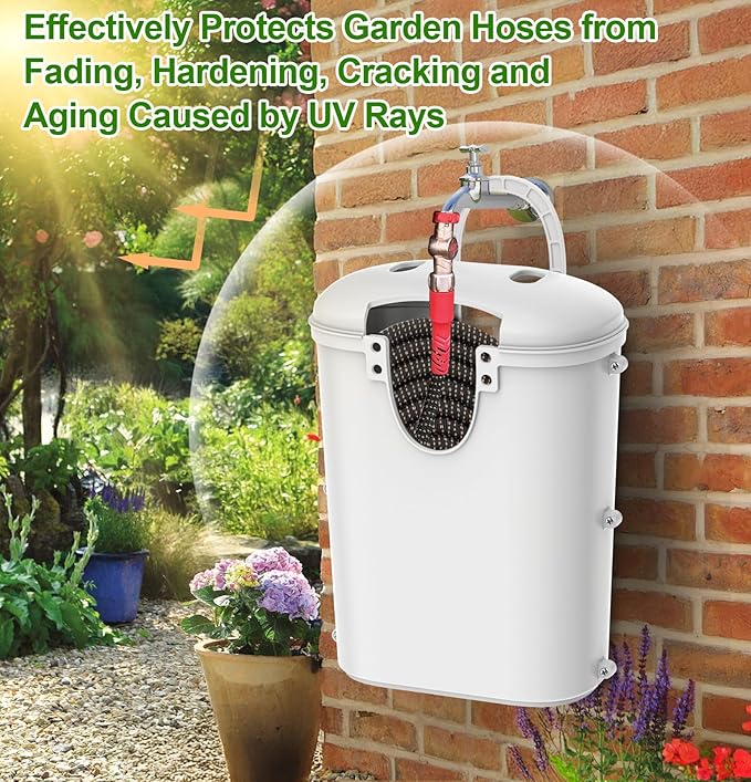 Riokko Garden Hose Holder Bucket, Hose Storage, Water Hose Storage for Outside, Hose Box Fits 25FT Heavy Duty/100FT Expandable/50FT Flat/50FT Stainless Steel Hoses, Hanging Handle & Drain Hole Design