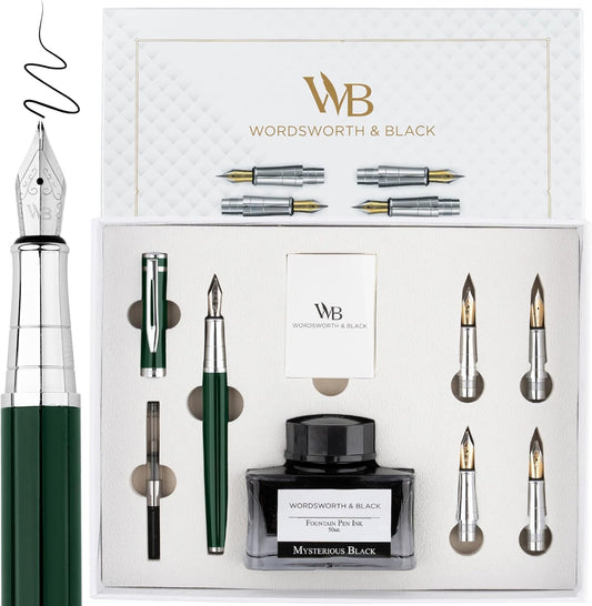 Wordsworth & Black Fountain Pen Gift Set, Includes Bottle, 6 Cartridges, Refill Converter, 4 Replacement Nibs, Premium Package, Journaling, Calligraphy, Smooth Writing Pens [Green Chrome]