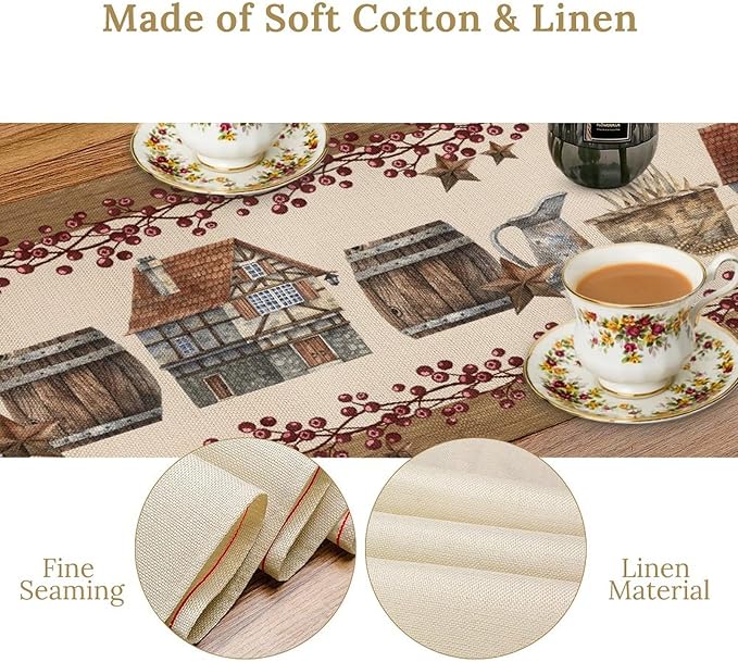 Western Texas Table Runner, Rustic Farmhouse Country Barn Berry Vintage Rural Houses Pumpkin Print Table Runner for Party Picnic Dining Kitchen Table Decor,13x36inch