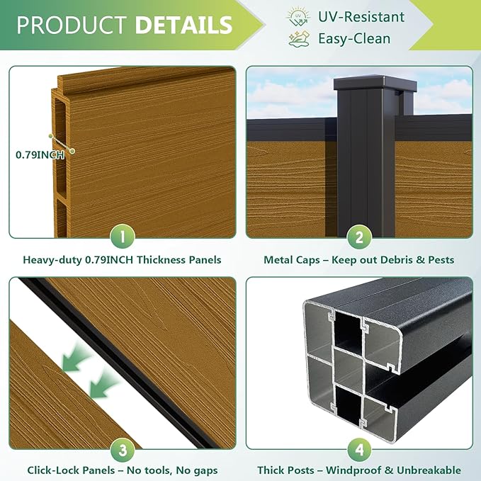 Mondaria Fence Privacy Screen with 8ft In-ground Posts, 6ft(H) x12ft(W) Wood Plastic Composite Fence Panels Weather-Resistant Outdoor Fence for Backyard/Garden (Yellow Teak, 3 Posts)