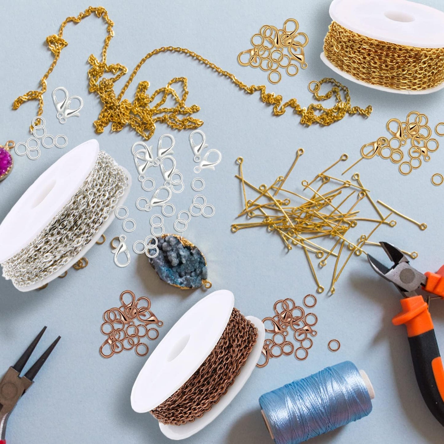 Jishi 30ft Jewelry Making Chains Bulk 2mm Necklace Chains for Jewelry Making Supplies, DIY Craft Earring Bracelet Making Findings, 3-Colors Gold Silver Copper Plated Metal Rolo Cable Link Chain Rolls