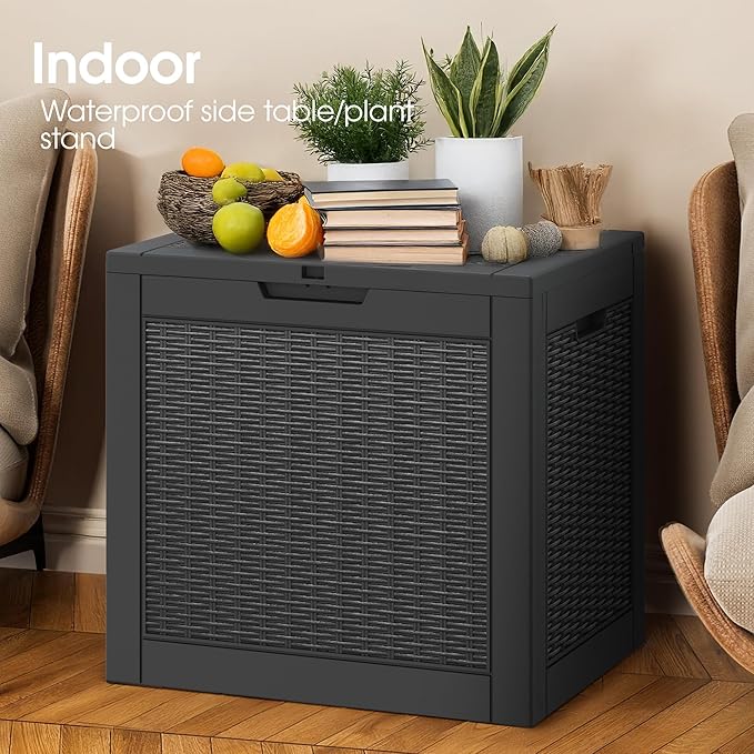 31 Gallon Outdoor Storage Deck Box Waterproof,Garden Tool,Backyard Cushion,Poolside Storage,Small Delivery Boxes for Outside,Lockable Lid,Rattan Black