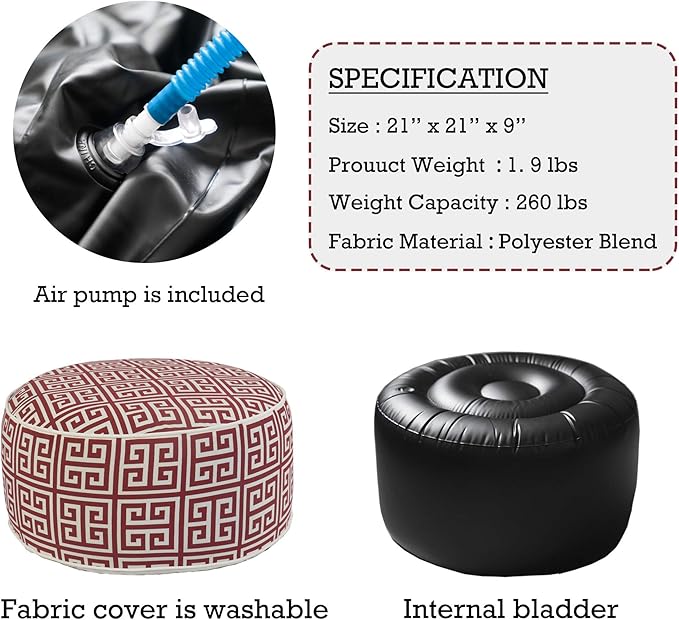 Kozyard Inflatable Ottoman Stool - Portable Round Pouf for Indoor/Outdoor Use - Perfect Small Foot Rest or Seating for Kids and Adults - Ideal for Camping or Home (Ruby Red)