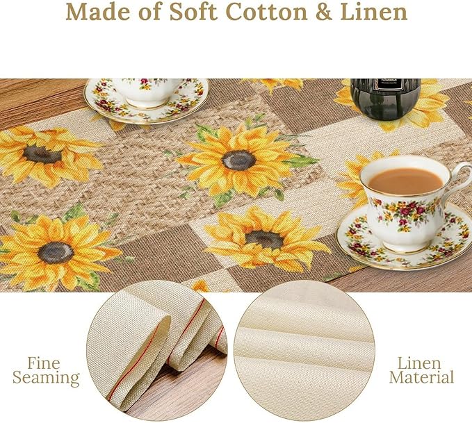 Farmhouse Sunflower Table Runner, Rustic Vintage Linen Patchwork Summer Yellow Floral Table Cover for Bithday Party Home Kitchen Dining Room Decor, 13x60inch