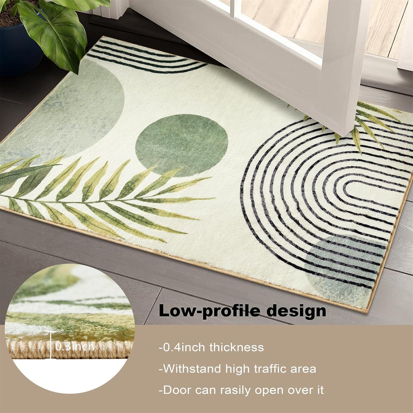 RoomTalks Boho Green Cute Bathroom Rugs Bath Mat Non Slip Washable, Modern Abstract Geometric Shape with Tropical Leaves 2x3 Small Area Rug for Bedroom Kitchen Entryway Indoor Doormat Stain Resistant