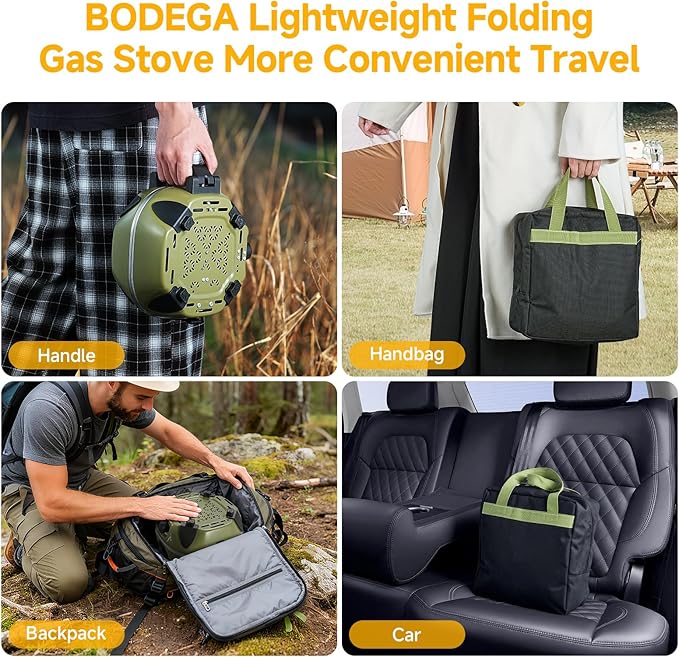 BODEGA 2 Burner Camping Stove, 20000 BTU Folding Propane Camp Stove with Adjustable Burners,Portable Dual Gas Stoves with Carry Handle&Bag Frying Pan for Camping,BBQ,RV,Home,Camping Essentials Gear