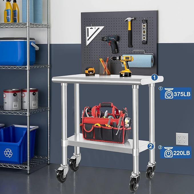 HARDURA Stainless Steel Commercial Table Prep & Work Table with Casters Heavy Duty Metal Table with Wheels NSF 430 18×36 Inches