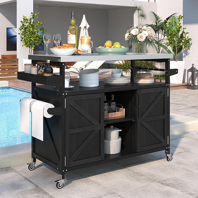 50.25" Grill Cart with Stainless Steel Tabletop - Outdoor Storage Cabinet for BBQ, Bar Patio Kitchen Island with Ample Storage and Lockable Wheels