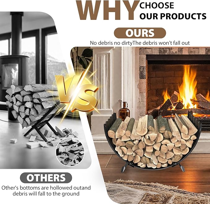 24 inch Diameter Semicircle Firewood Rack Storage -0.8MM Thick Galvanized Steel with Wave Pattern & 4 Stable Feet, Black Coated for Indoor/Outdoor Wood Storage (2FT Diameter)