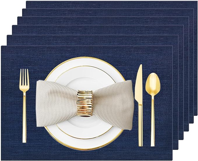 Placemats Set of 6 Washable&Wipeable Place mats for Dining Table Kitchen Indoor Outdoor Table Mats Heat Resistant Non Slip Woven Vinyl Table Placemats (Navy Blue，6PCS)