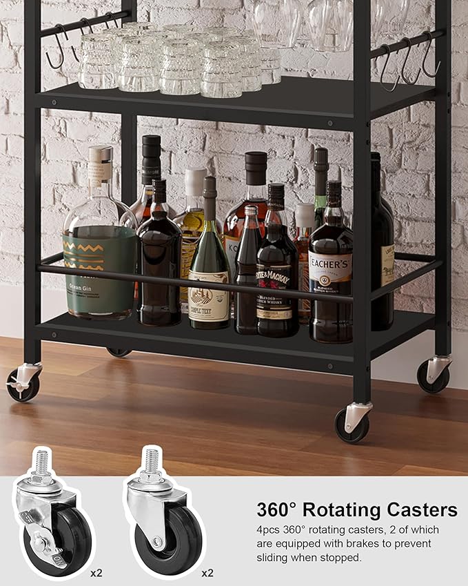 TUTOTAK Bar Cart, Home Bar Serving Cart, Microwave Cart, Drink Cart, Mobile Kitchen Shelf with Wine Rack and Glass Holder, Rolling Beverage Cart Living Room, Kitchen, Black BC01BK032