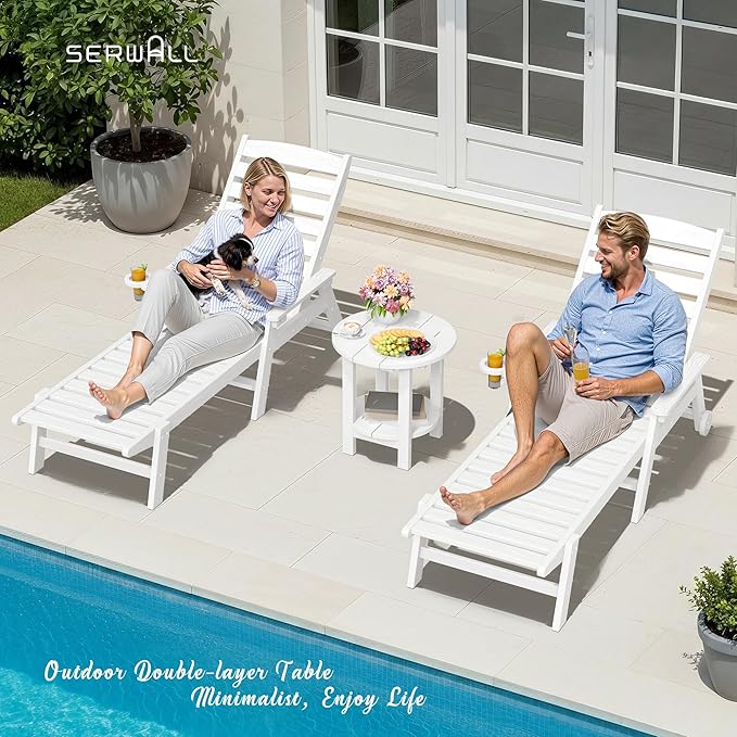 SERWALL Round Outdoor Side Table, HDPE Small Adirondack End Table,2-Tier Patio Side Table for Backyard Pool Porch Garden Lawn, White
