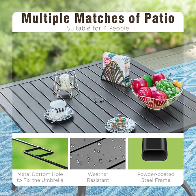 Outdoor Patio Square Dining Table, 37"x 37" Metal Slatted Tabletop with Adjustable Umbrella Hole, All Weather Wrought Iron Black Outdoor Table for Deck Lawn Garden Backyard, Black