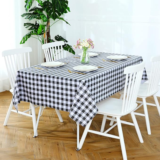 Romanstile Square Vinyl Tablecloth, 100% Waterproof Buffalo Gingham Plastic Table Cloth, Heavy Duty Wipeable Checkered Table Covers for Outdoor, Camping, Picnic, Patio - 54 x 54, Black and White