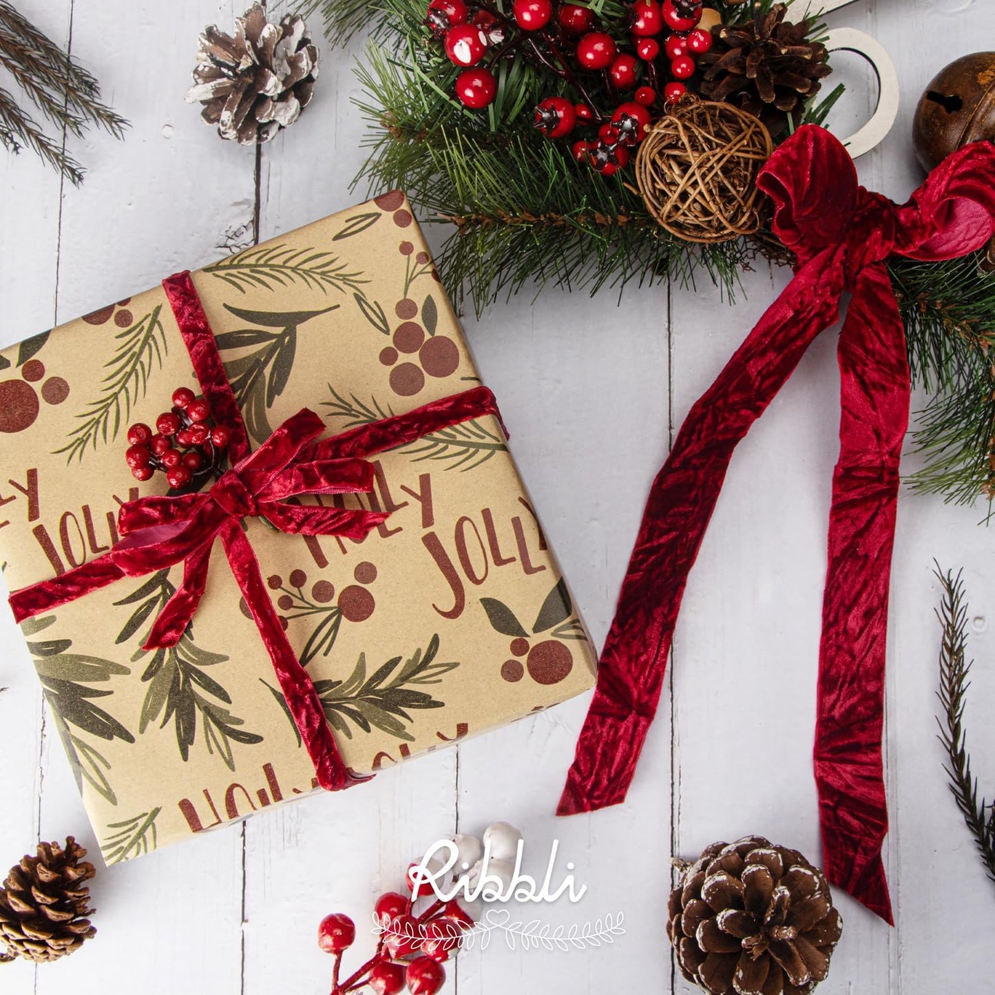 Ribbli Dark Red Velvet Ribbon 3/8 Inches Luxury Crinkled Red Christmas Ribbon for Gift Wrapping Crafts Home Decor-Continuous 10 Yard