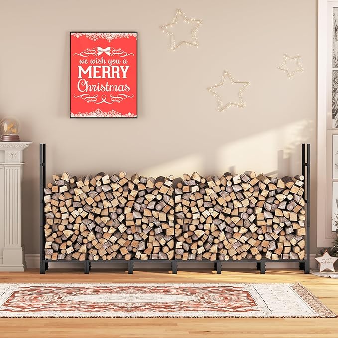 HOOBRO 8FT Firewood Rack with Cover, Outdoor Firewood Log Rack, Adjustable Log Holder with Waterproof Cover, Fireplace Wood Storage, Heavy Duty Wood Holder, for Indoor and Outdoor, Black BB02CH02