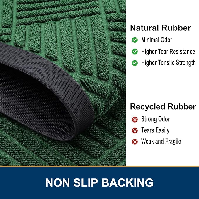 Smiry Front Door Mat Outside Entrance, Heavy Duty Outdoor Indoor Natural Rubber Doormat, Non Slip, Trap Dirt and Moisture, Easy Clean, Low Profile Patio Porch Entryway Mat, 71x23, Green