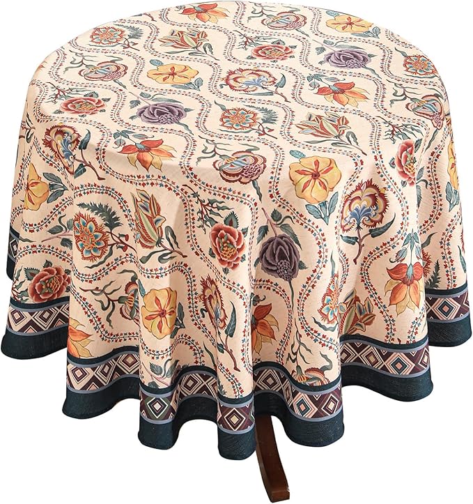 Vintage French Round Tablecloth,Linen Extra Long Tablecloth with Rose and Cornflower Pattern,Decorative Table Cover for Kitchen,Dining,Thanksgiving,Party,Diameter 55"-Lanae