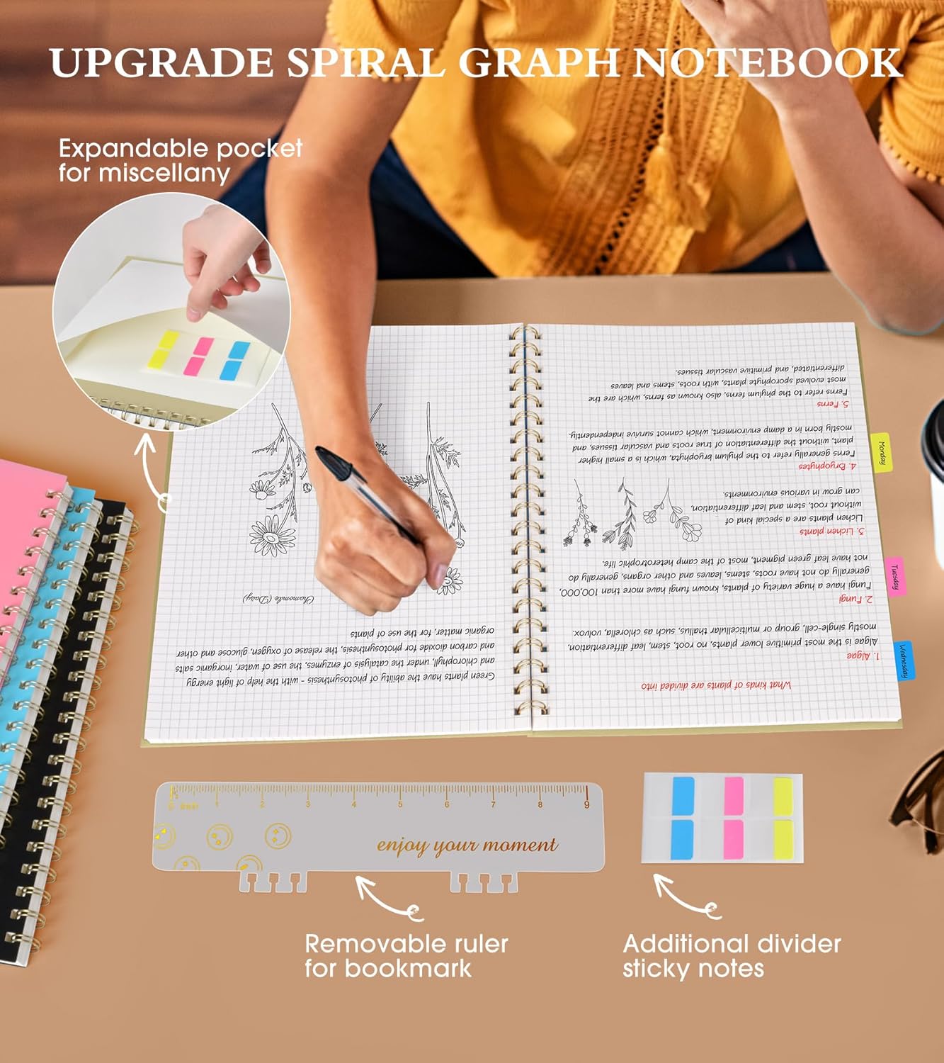 Graph Paper Notebook, Spiral Notebook Journal 8.5” x 11”, A4 Large Grid Notebooks for Women Men, 100 GSM Graph Paper, Plastic Hardcover Spiral Graphing Journals for Work School Engineerin, Yellow