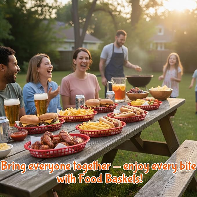 Fast Food Baskets 16-Pack, 10 x 6 Inch Plastic Oval Serving Baskets for Burgers, Bread, Fries & Sandwiches, Restaurant Diner Cafeteria Food Truck Party Use, Reusable&Stackable(Red)