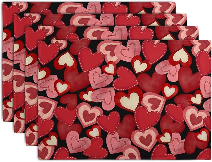 Valentines Day Love Hearts Placemats Set of 4 Valentine Red Black Heart Linen Table Mats Spring Wedding Anniversary Washable Place Mats for Outdoor Home Party Kitchen Dining 12x18 Inch
