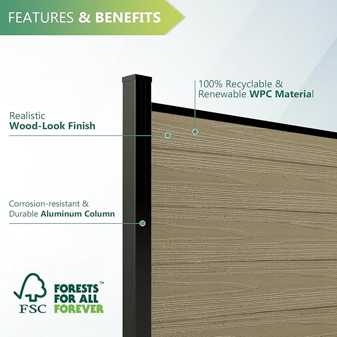Mondaria Fence Privacy Screen with 8ft In-ground Posts, 6ft(H) x12ft(W) Wood Plastic Composite Fence Panels Weather-Resistant Outdoor Fence for Backyard/Garden (Ancient Wood, 3 Posts)