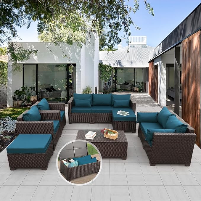 Patio Furniture Set 7-Piece Outdoor Patio Furniture with Storage Table Outdoor Couch Patio Chairs Outdoor Conversation Set with Non-Slip Cushions Waterproof Covers, Peacock Blue