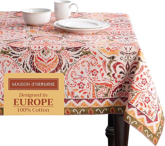 Maison d' Hermine Table Cloth Rectangle Table 100% Cotton 70 x 108 Inches Fall Tablecloth Reusable Everyday Use for Thanksgiving Christmas Decorations Dining Farmhouse Party (Damask)
