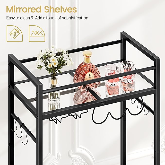 Bar Cart with Wine Rack, Serving Cart for Home, Microwave Cart, Drink Cart, Mobile Kitchen Shelf with Glass Holder, Rolling Beverage Cart for Dining Room (Black)