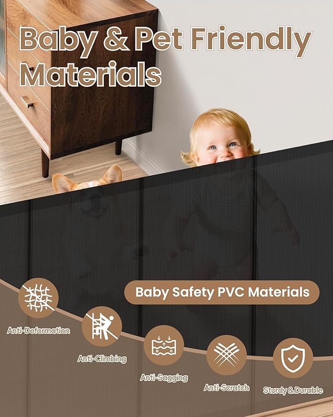 120" Wide Retractable Baby Gate, 34" Tall Reinforced Mesh Gate with 10 Rods to Prevent Sagging, Secure Closure Extra Wide Baby Gate for Large Living Rooms, Indoor/Outdoor Spaces, Black