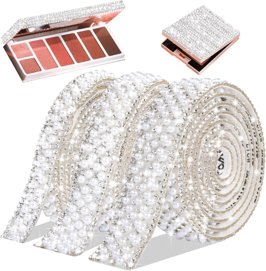 3 Rolls Bling Pearl Rhinestone Ribbon Crystal Strips, Self Adhesive Pearl Crystal Sticker Rhinestone Tape for DIY Car&Craft Wedding Christmas Decoration
