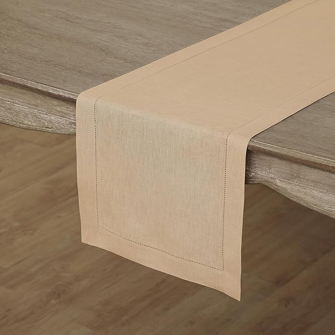 Solino Home Linen Beige Table Runner 72 Inches Long - 100% Pure Linen Hemstitch Table Runner 14 x 72 Inch for Dresser, Dining, Spring, Easter - Classic Hemstitch