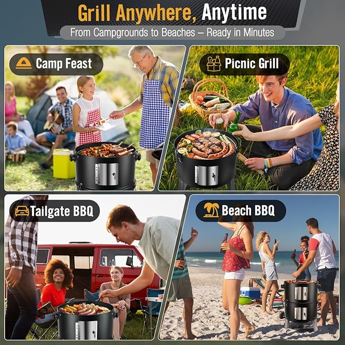 BBQ Charcoal Smoker for Meat: 16 Inch Heavy Duty 4 In 1 BBQ Charcoal Grills - Vertical Barbecue Smokers Grill Combo for Outdoor Cooking Patio Backyard Picnic Party Grilling