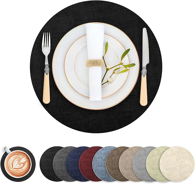 Round Faux Leather Placemats and Coasters, Set of 6, Reversible Heat Resistant Non-Slip Table Mats, Waterproof Wipeable Place Mats for Dining Table, Washable for Indoor & Outdoor (6, Black)
