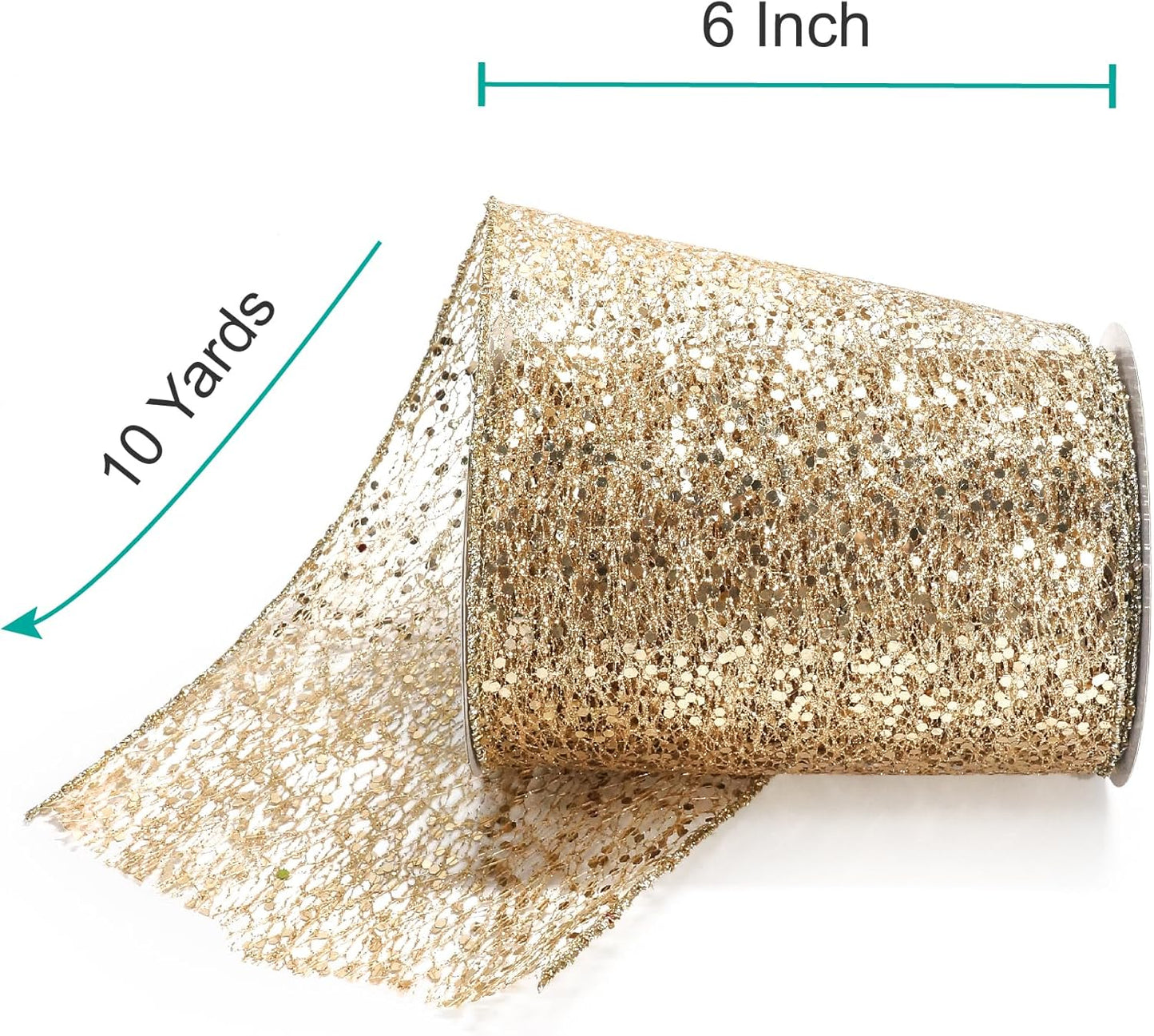 CT CRAFT LLC Sparkling Glitter Mesh Wired Ribbon 6" x 10 Yards Champagne Gold for Christmas Home Decor Bow Gift Wrapping DIY Crafts Wreath