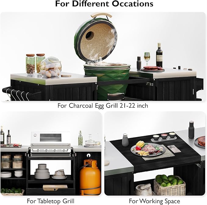 Merax 66.5" Outdoor Grill Table for Big Green Egg, Farmhouse Kitchen Island on Wheels with Stainless Steel Tabletop, Drawer and Spice Rack, Solid Wood Outdoor Storage Cabinet for Backyard, Black